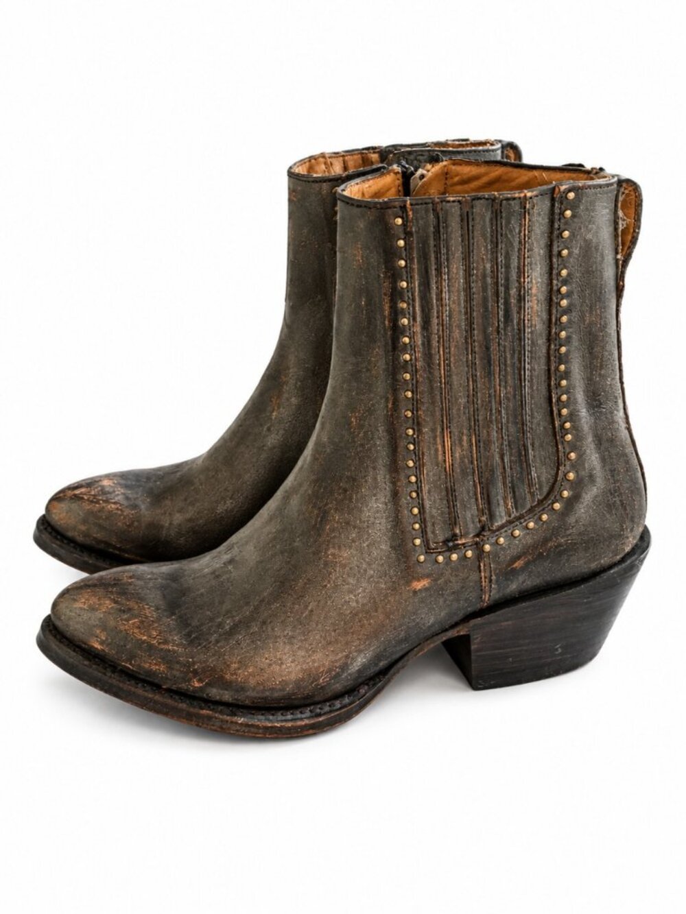 Lucchese Metallic Gray Leather Ankle Boots with Stud Detail